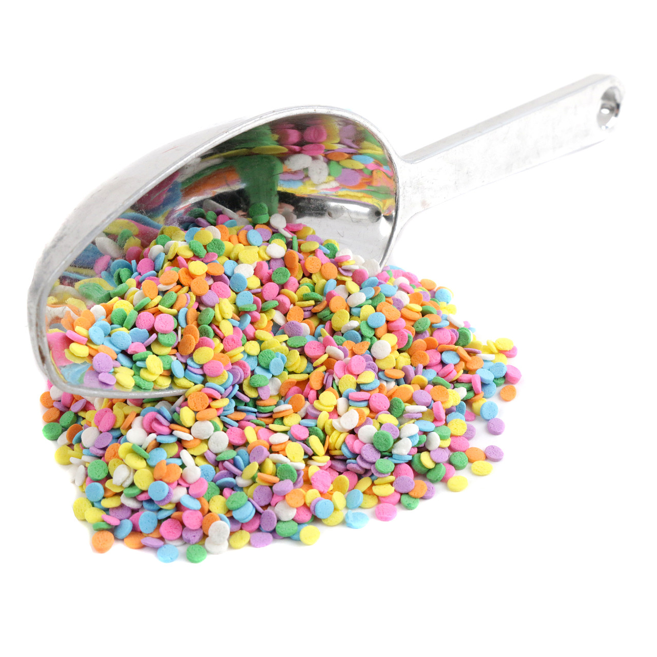 Colorful pastel confetti sprinkles, sequin-shaped, for Easter baking, cupcakes, cakes, cookies, and dessert toppings.