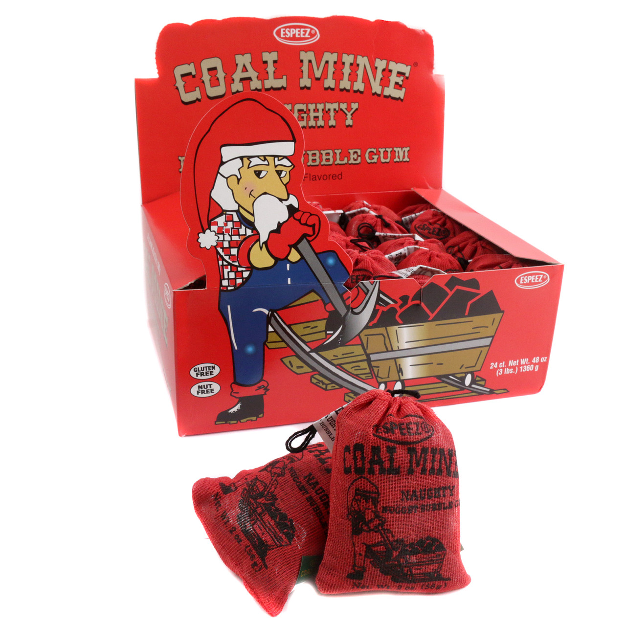 24 pack black Coal Mine Bubble Gum nuggets, fruity, in re-sealable burlap pouches. Naughty Christmas gift.