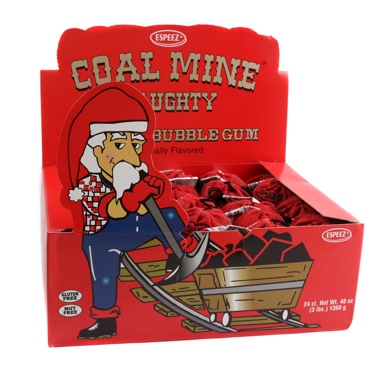 Black, coal-shaped fruity bubble gum nuggets in 24 re-sealable burlap pouches.