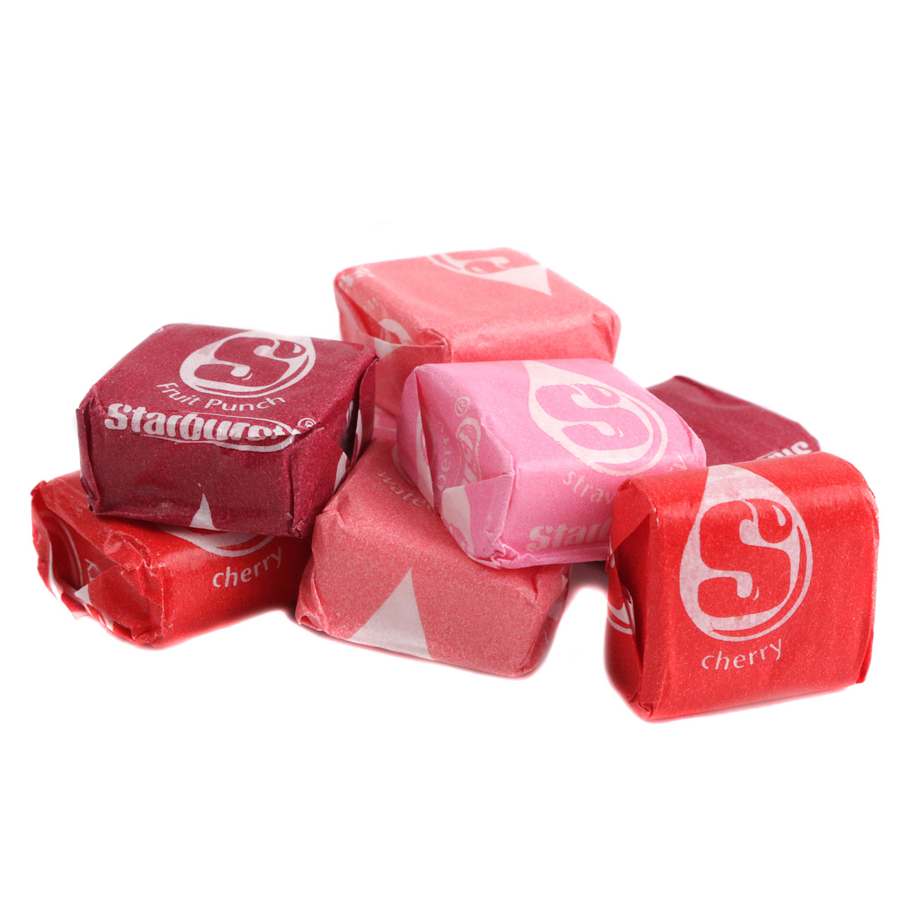A vibrant pile of red and pink Starburst FAVreds chewy candies, strawberry, fruit punch, watermelon, cherry. Approx 90 per pound.
