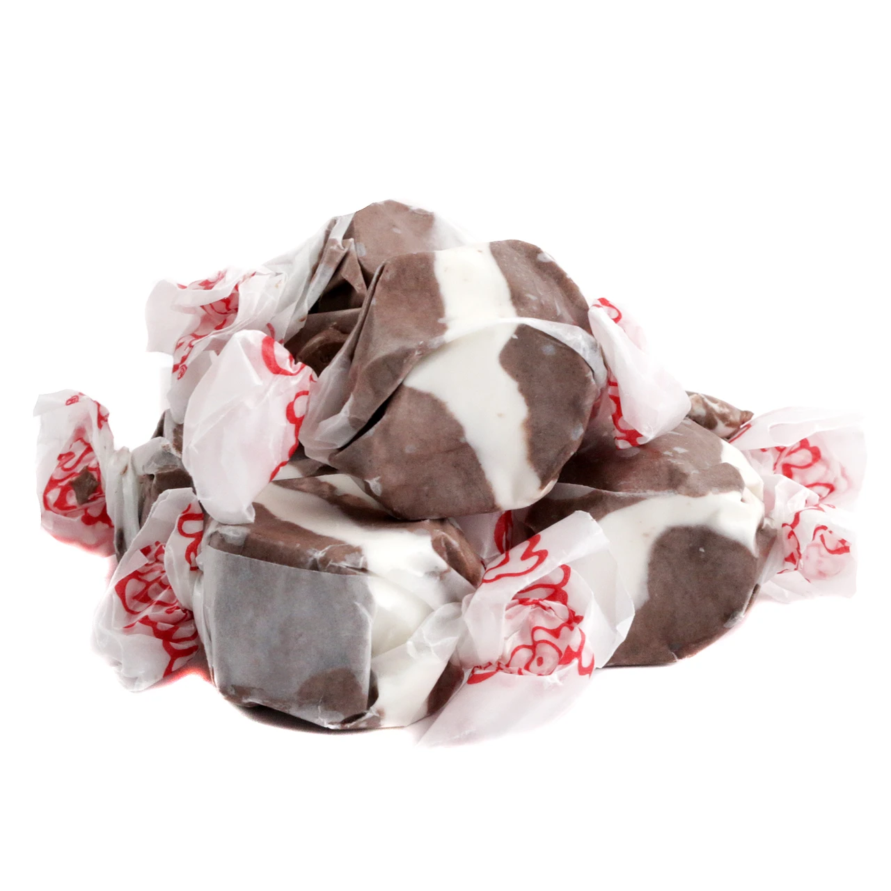 Salt Water Taffy Cookies & Cream, approx 65 pieces. Milky chocolate, creamy white swirl, brown & cream colors. Nut-free, gluten-free, USA made.