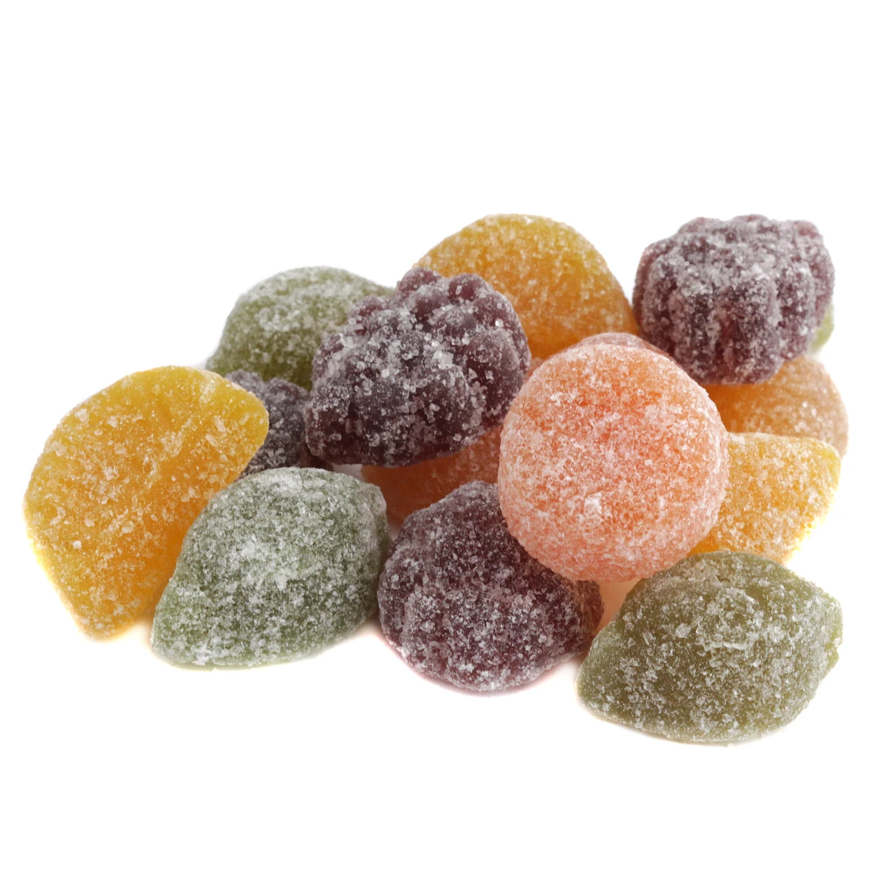Gustaf's Fruit Pastilles, colorful chewy sugar-coated candies, 50 per pound, black currant, lemon, strawberry, lime, orange flavors.