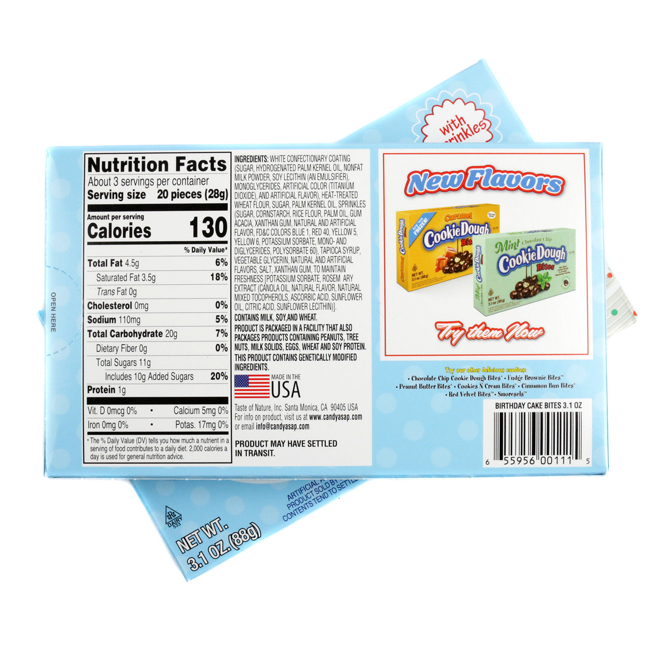 12-pack Birthday Cake Cookie Dough Bites, small morsels with creamy white frosting, topped with colorful sprinkles.