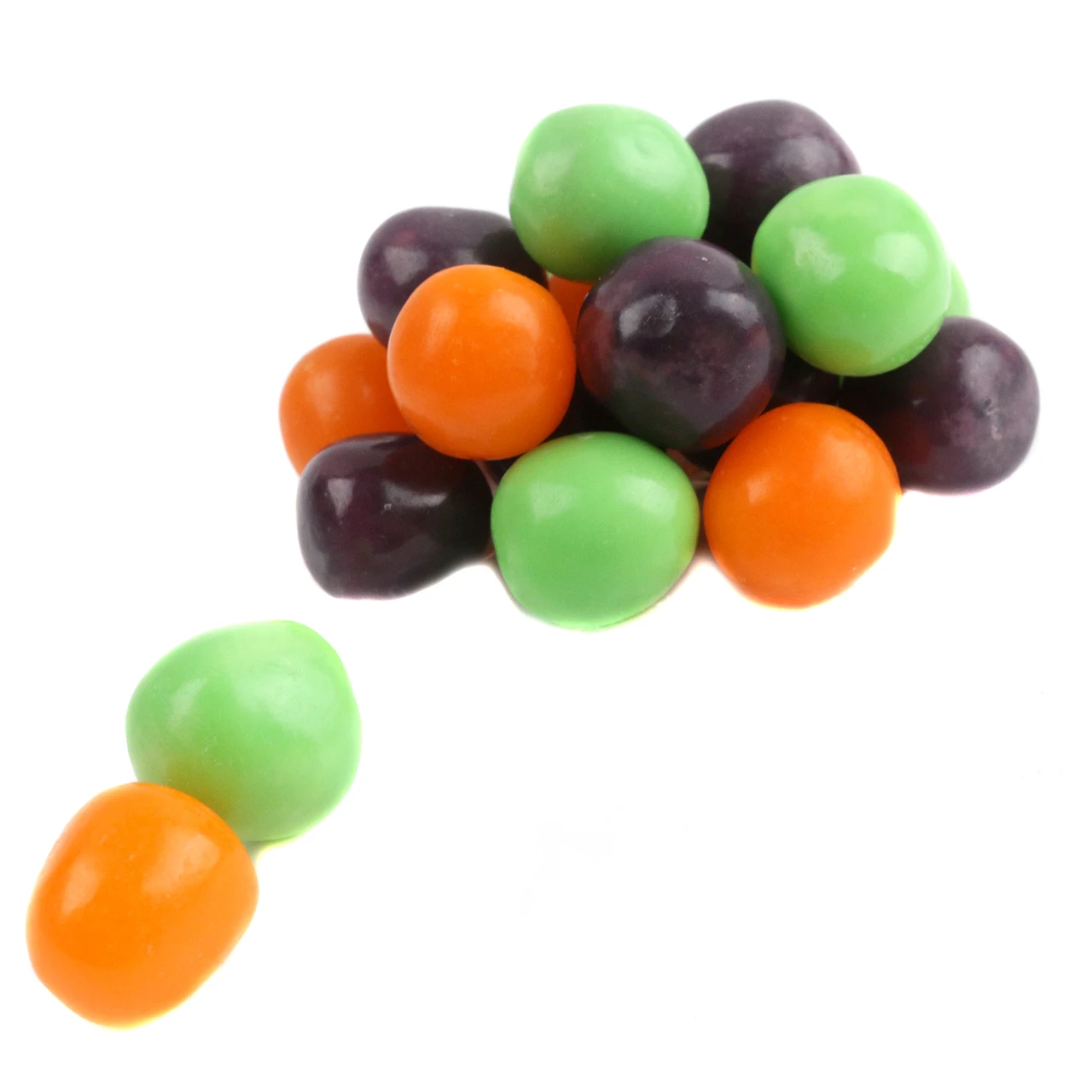 Vibrant Halloween chewy sour balls, approx. 100 per pound. Apple green, orange, black cherry candy for Trick or Treat.