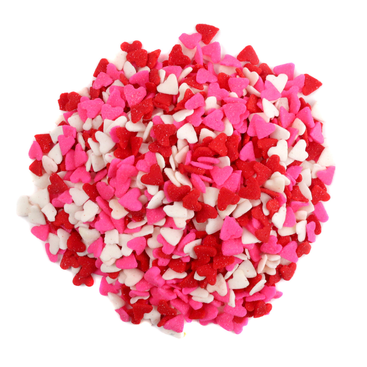 Red, white, and pink heart-shaped Valentine's Day sprinkles, perfect candy accent for cookies and baked goods.