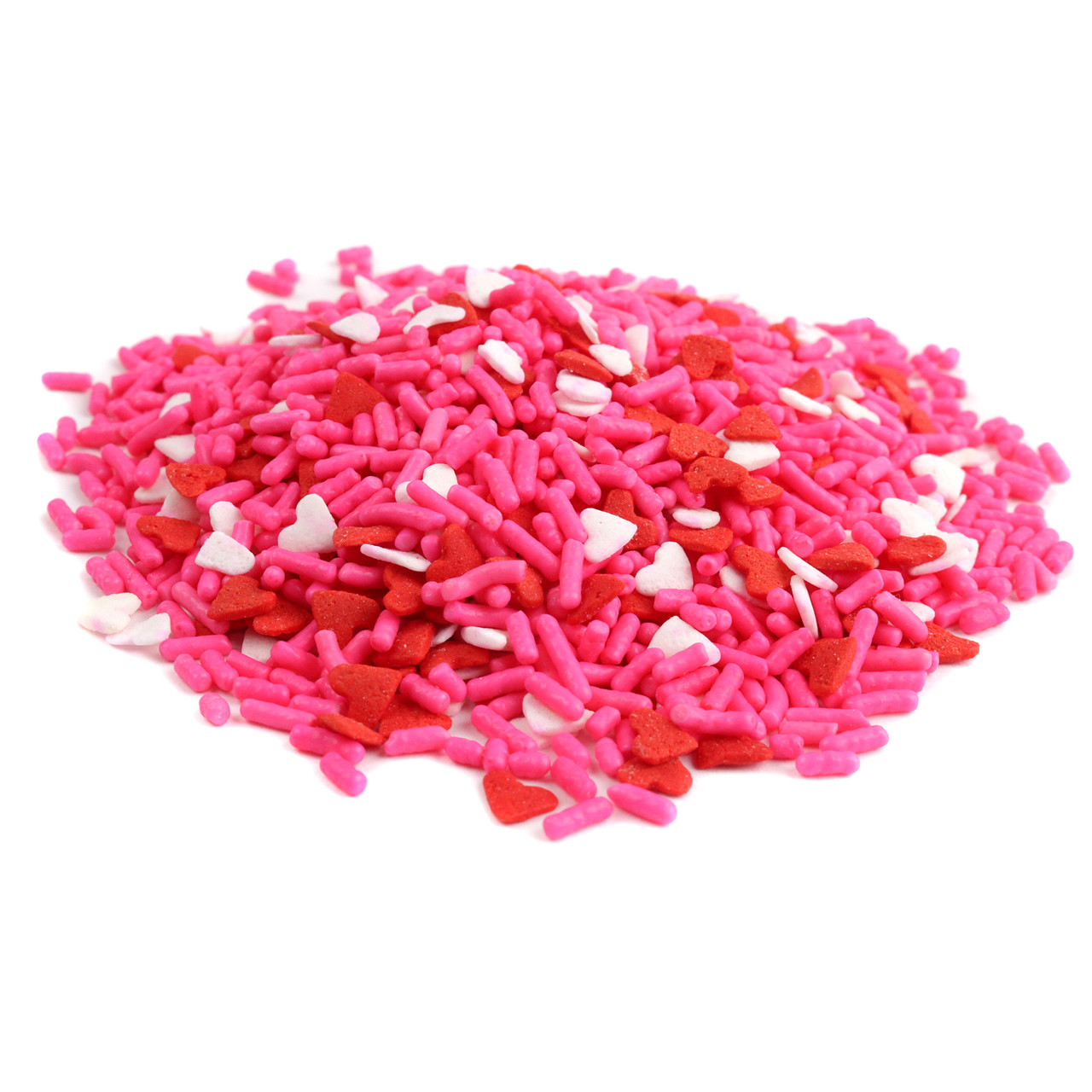 Valentine Hearts and Sprinkle Mix. Soft pink sprinkles, small red, white heart candies for festive desserts.