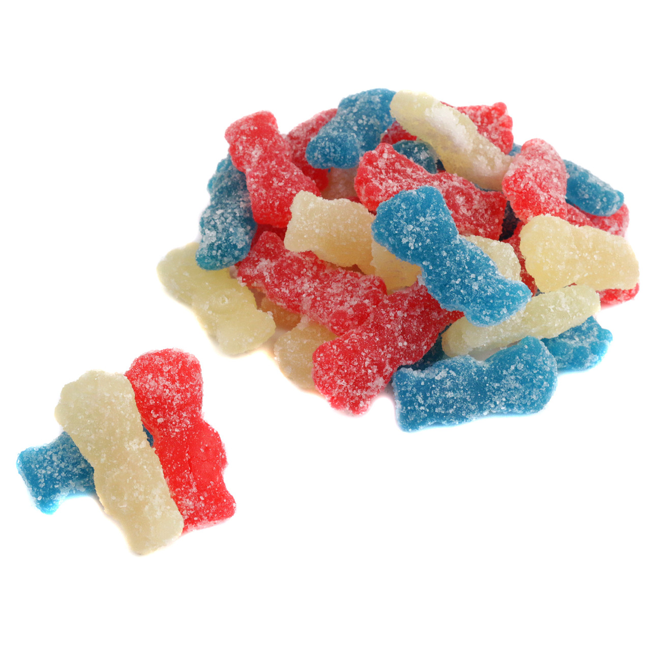 Red, white, and blue Sour Patch Kids. Chewy gummy candy, approx 175 per pound. Patriotic, sour then sweet.