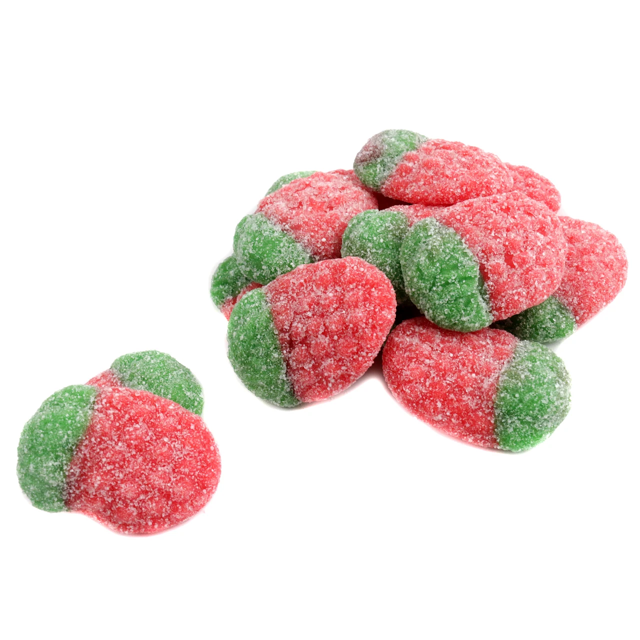 Vidal Gummy Sour Strawberries, sleek red, approx 70 per pound, sweet & tangy strawberry flavor. Made in Spain.