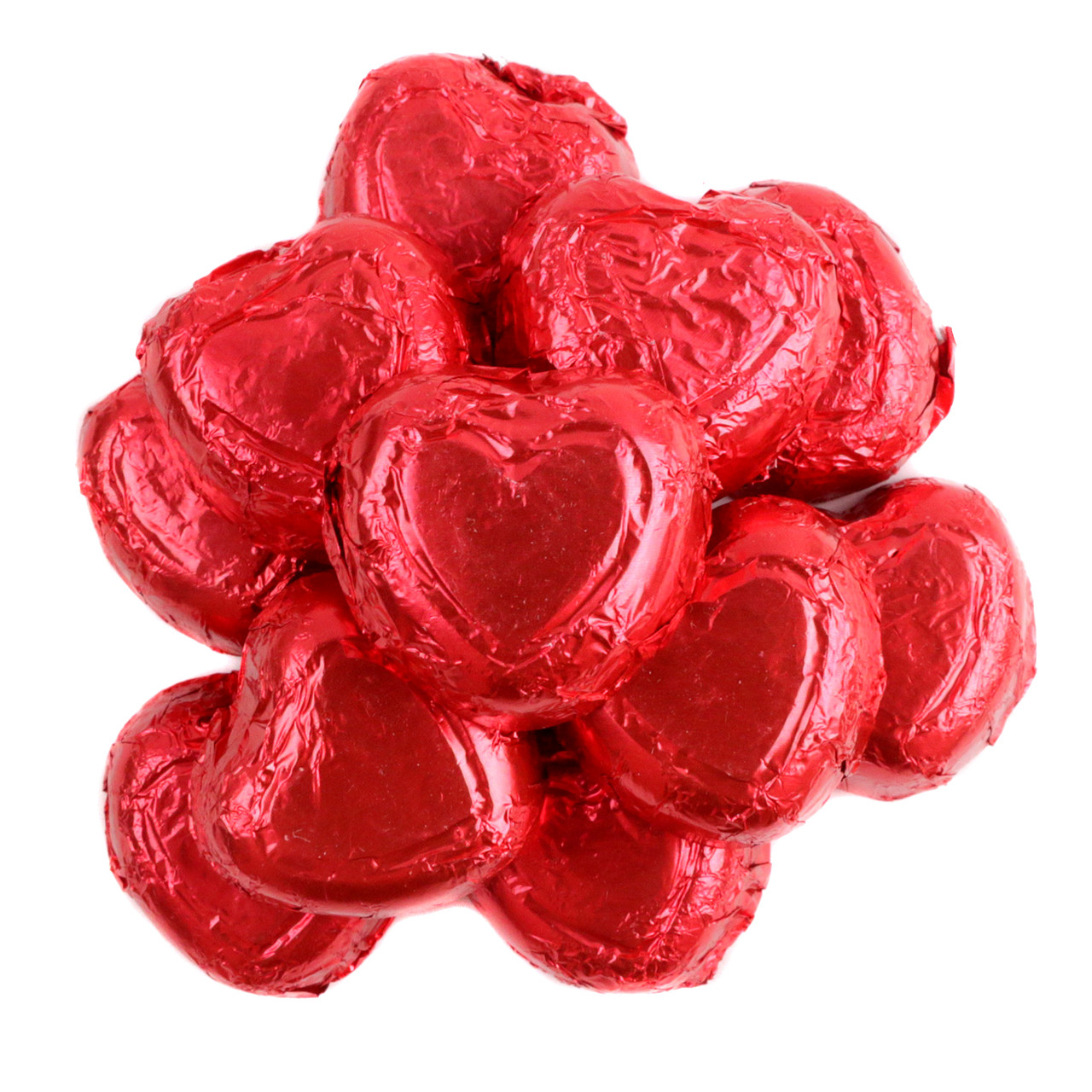 Palmer Milk Chocolate Valentine's Hearts, bright red foil wrapped, approx 48 pieces per pound.