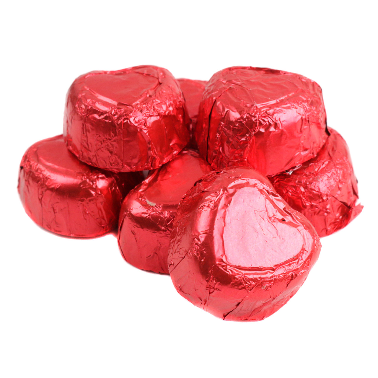 Palmer Milk Chocolate Valentine Hearts, bright red foil wrapped, approximately 48 hearts per pound, perfect for Valentine's Day.