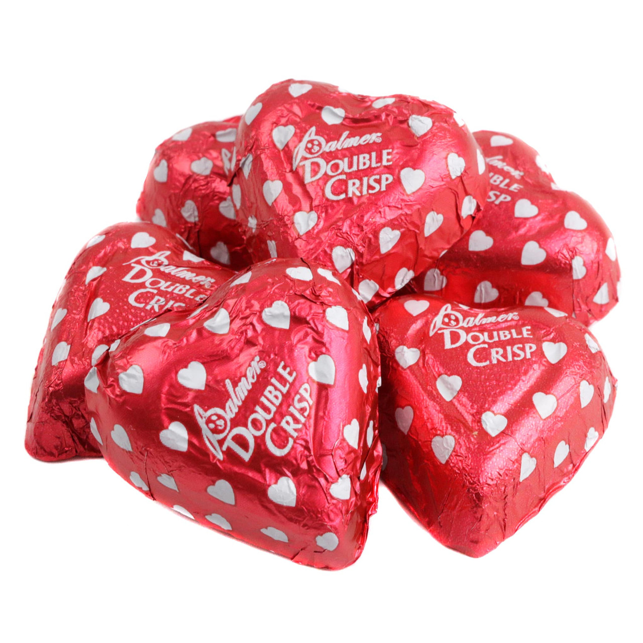 Individually wrapped red foil milk chocolate crispy rice Valentine hearts, bulk, approx 48 per pound.
