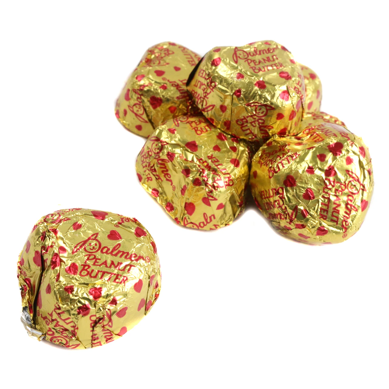 45 gold foil peanut butter filled chocolate hearts, tiny red hearts, creamy milk chocolate, smooth peanut butter.