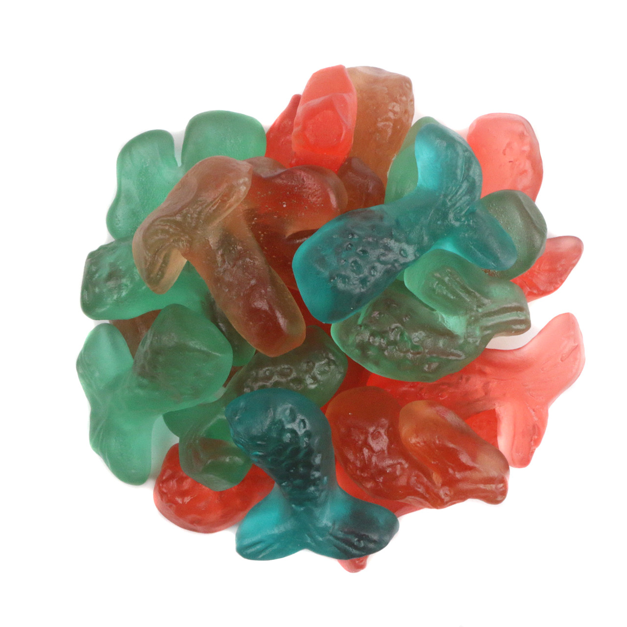 Pink and blue gummy mermaid tails, slightly curved, approximately 90 per pound, bursting with fruity flavor.
