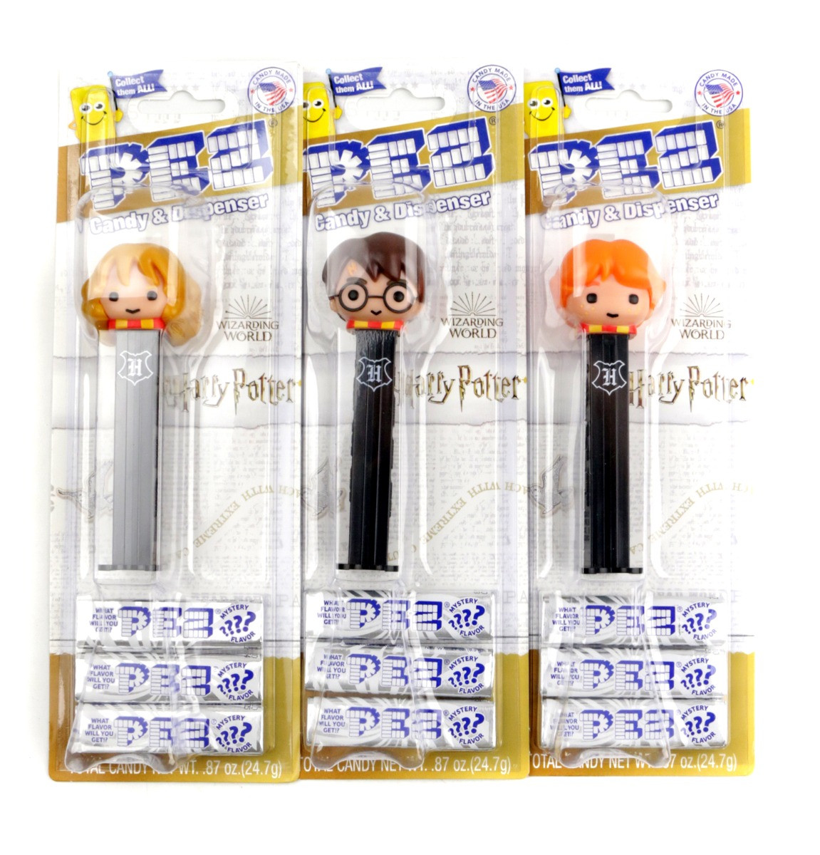 Pez Harry Potter 12-piece blister pack with individually wrapped dispensers, Harry, Ron, Hermione, & candy refills.