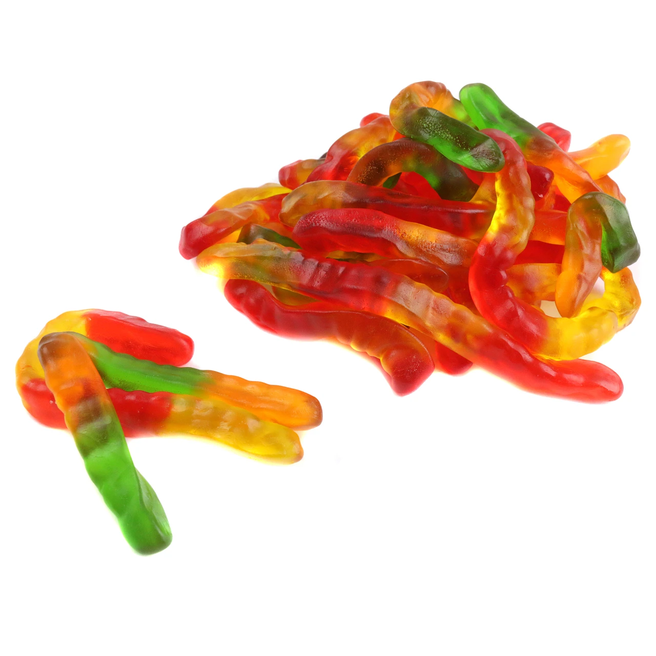 Multi-colored gummy worms, 1 pound bag, approximately 75 chewy candies with fun shapes and fruity flavors.