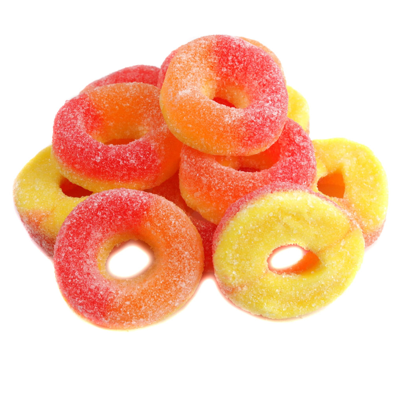Kervan Gummy Peach Rings, vibrant orange with sanded sugar. Approximately 55 per pound, bursting with peachy flavor.