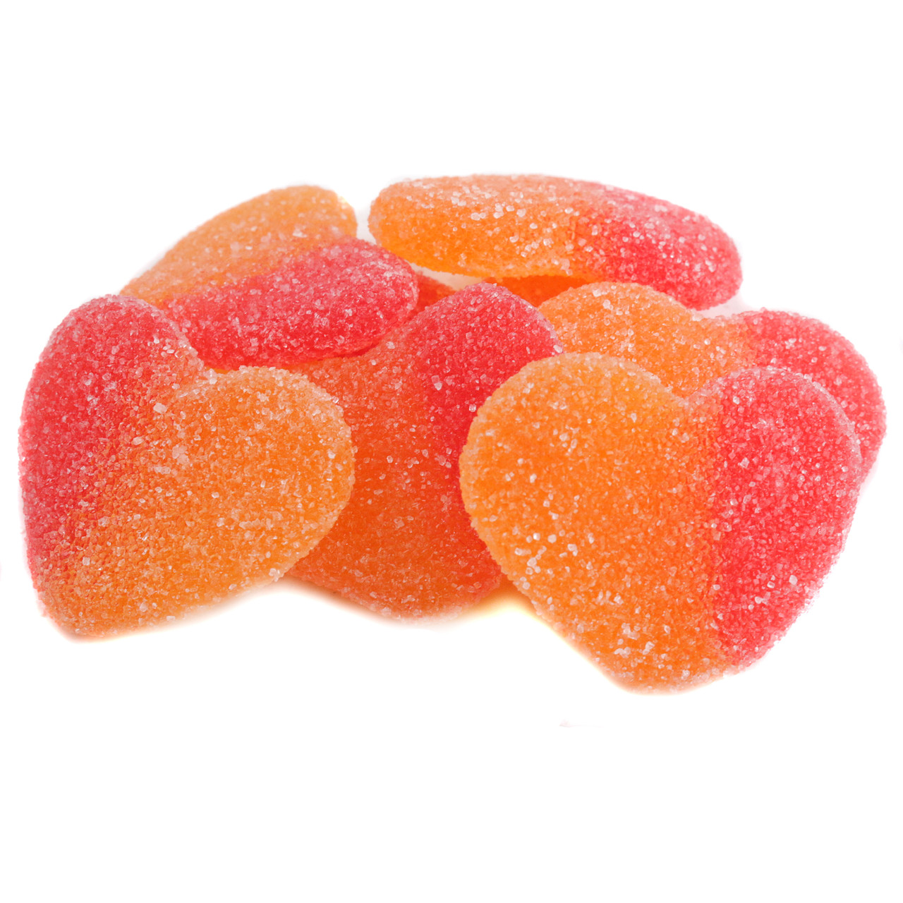 Peach Gummy Hearts, orange-pink heart-shaped candies, bursting with juicy peach flavor, approx 80 pieces per pound.