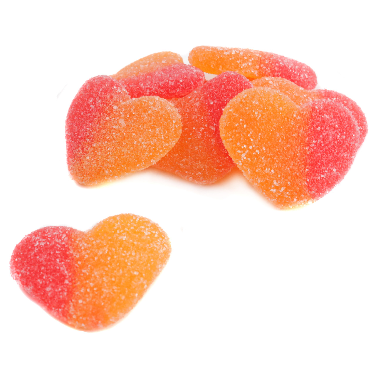 Peach Gummy Hearts, heart-shaped, juicy peach flavor. Approx 80 pieces per pound.