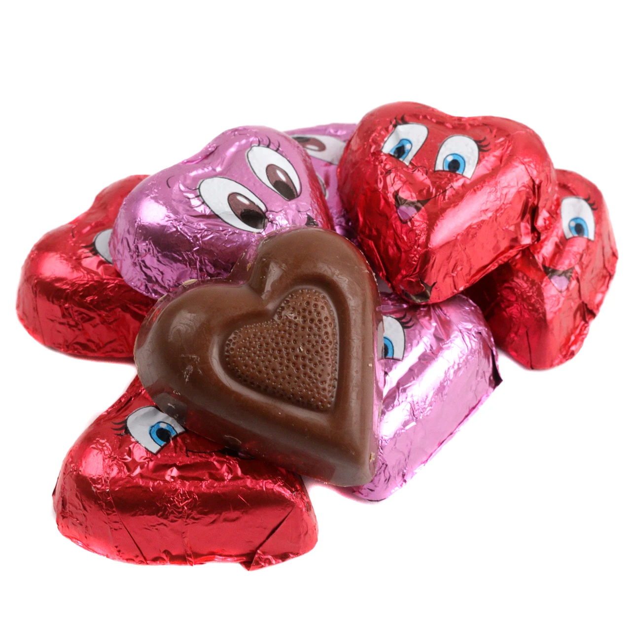 Valentine chocolate hearts, expressive faces, individually wrapped in bright red and pink foils. Approx 47 per pound.