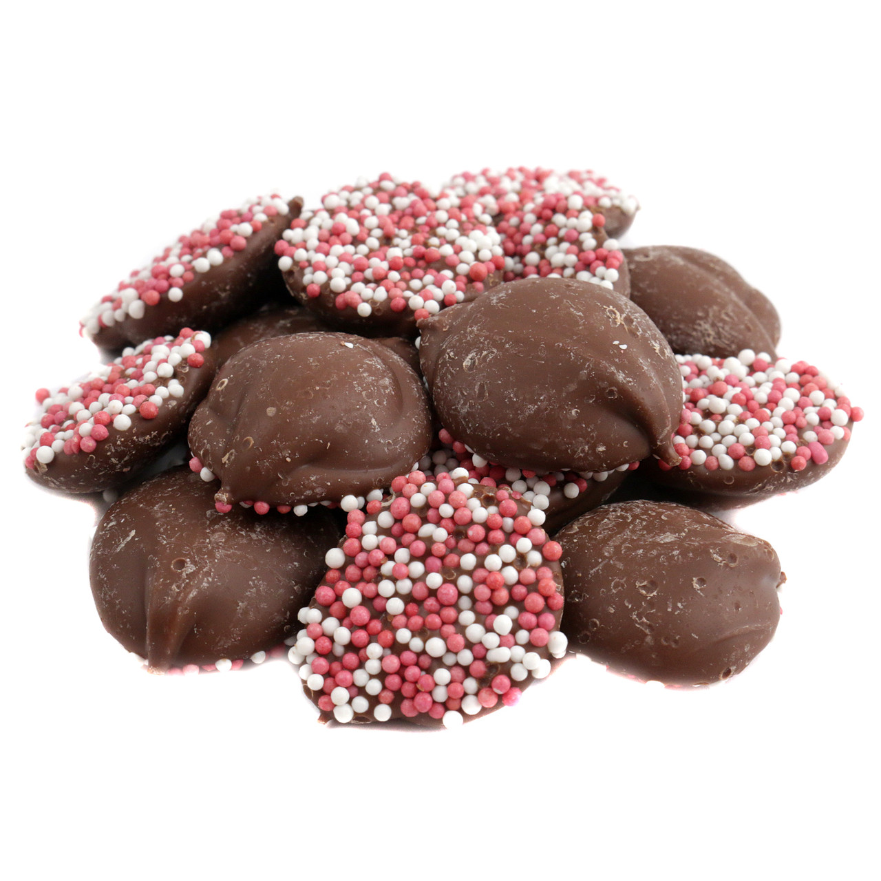 Valentine Milk Chocolate Nonpareils, red, pink, white nonpareils, creamy discs, approximately 130 per pound.