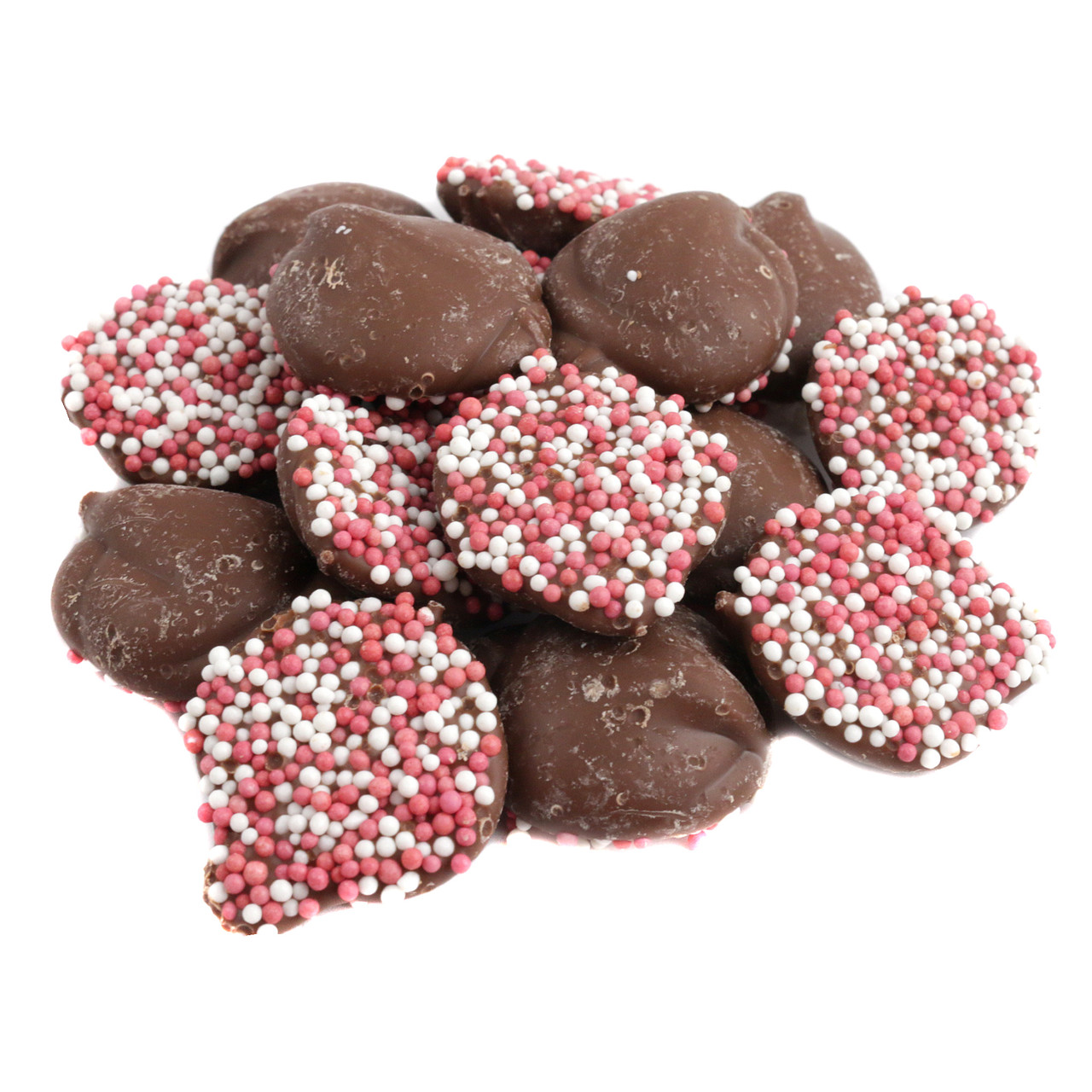 Valentine Milk Chocolate Nonpareils, creamy discs with festive red, pink, and white sprinkles, approx 130 per pound.