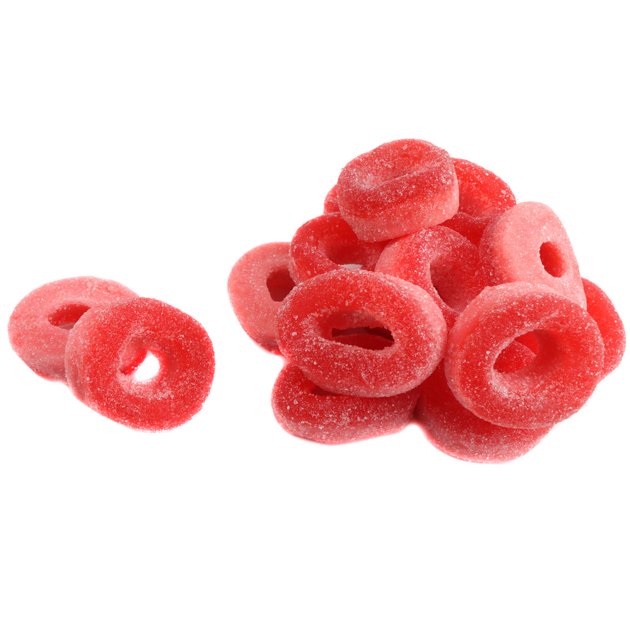 Vibrant red watermelon gummy rings, sweet, soft, approx 55 per pound. Bursting with refreshing flavor, a delightful candy.