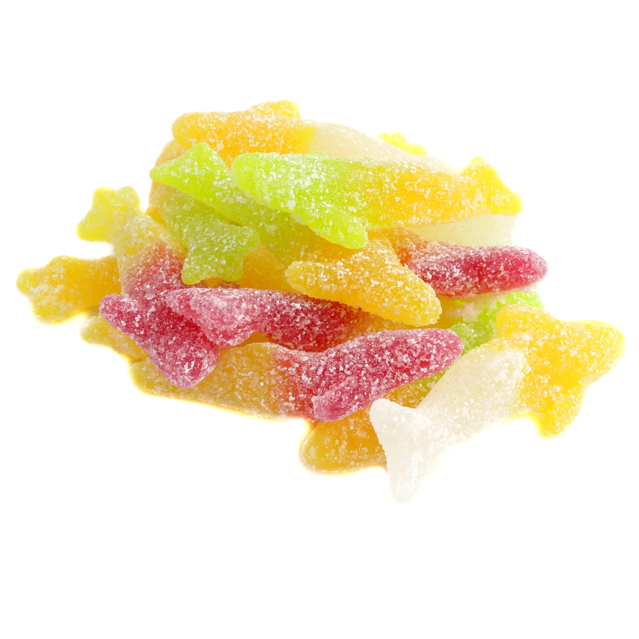 Sour Vegan Gummy Sharks, 55 per pound. Green apple, yellow lemon, orange, pear, and red strawberry flavored gummy sharks.