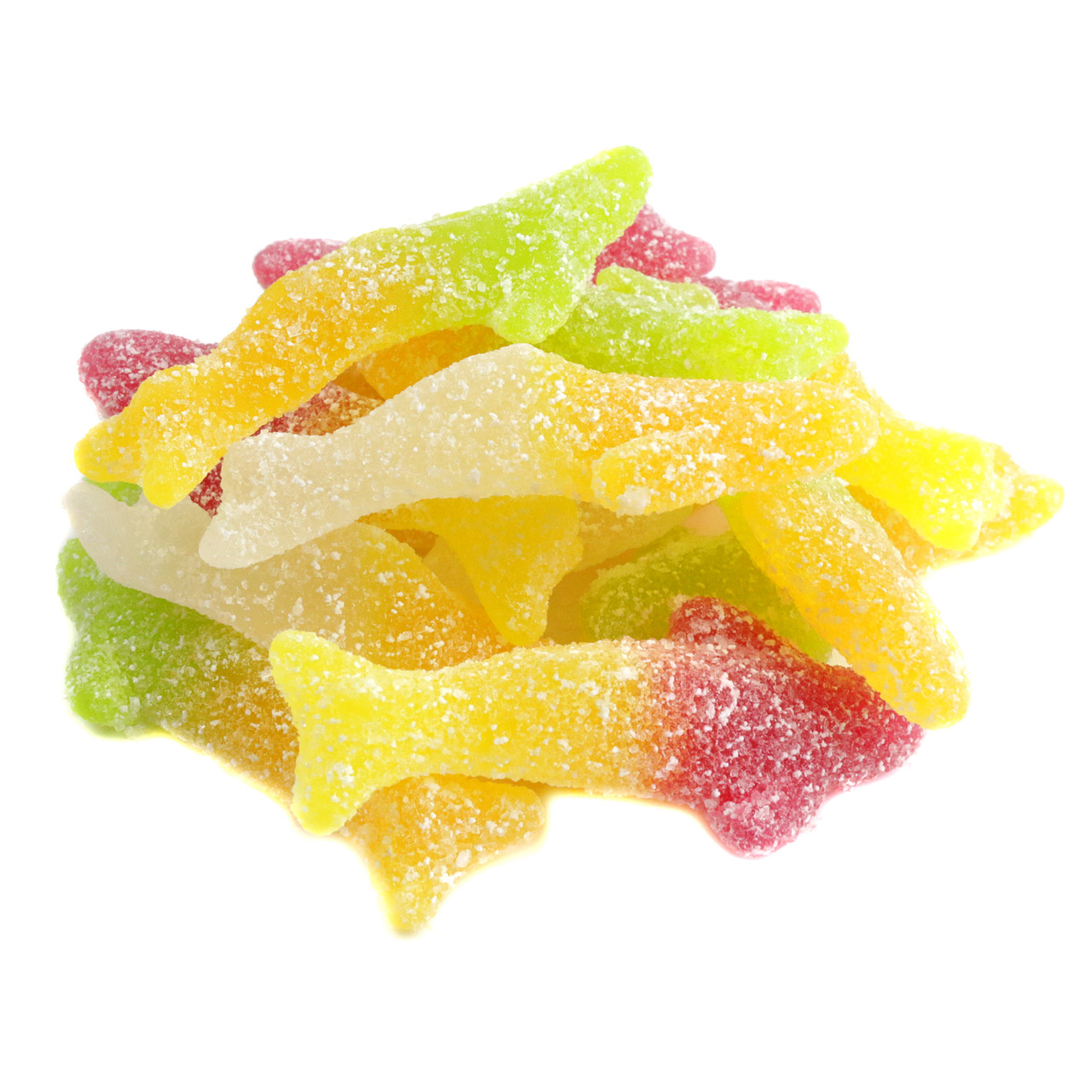 Red, green, yellow, orange vegan sour gummy sharks, approx 55 per pound. Apple, Lemon, Orange, Pear, Strawberry flavors.