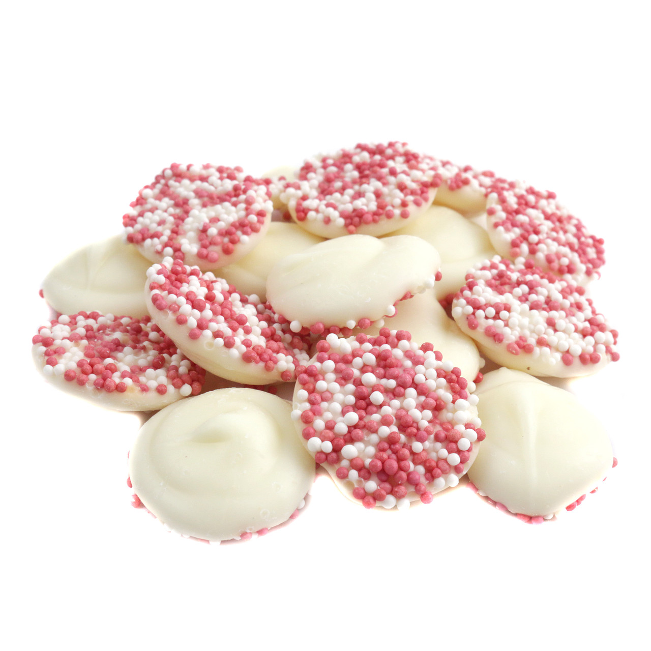 Creamy Valentine white chocolate nonpareils, discs topped with red, pink, white sprinkles, approx 130 pieces per pound.