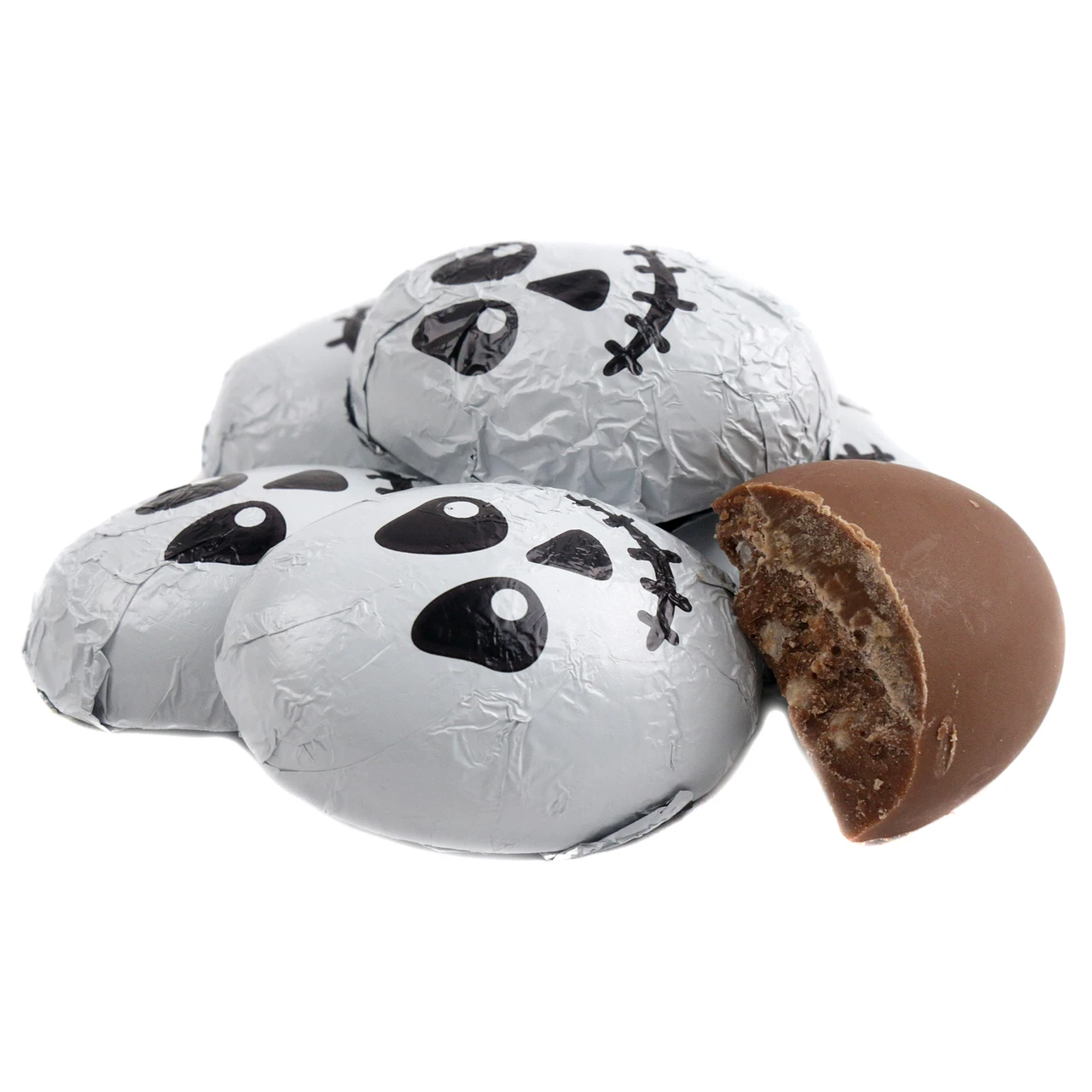 Halloween Double Crisp chocolate skulls, approx 47 brown skulls per pound, wrapped in ghoulish skull foils.