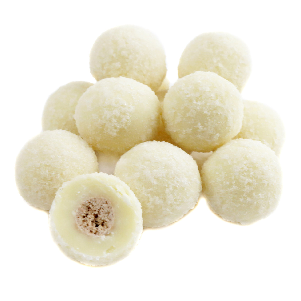 Creamy white chocolate Sugar Cookie Bites with fine sugar dust, approx 115 pieces per pound. Koppers Chocolate, USA.