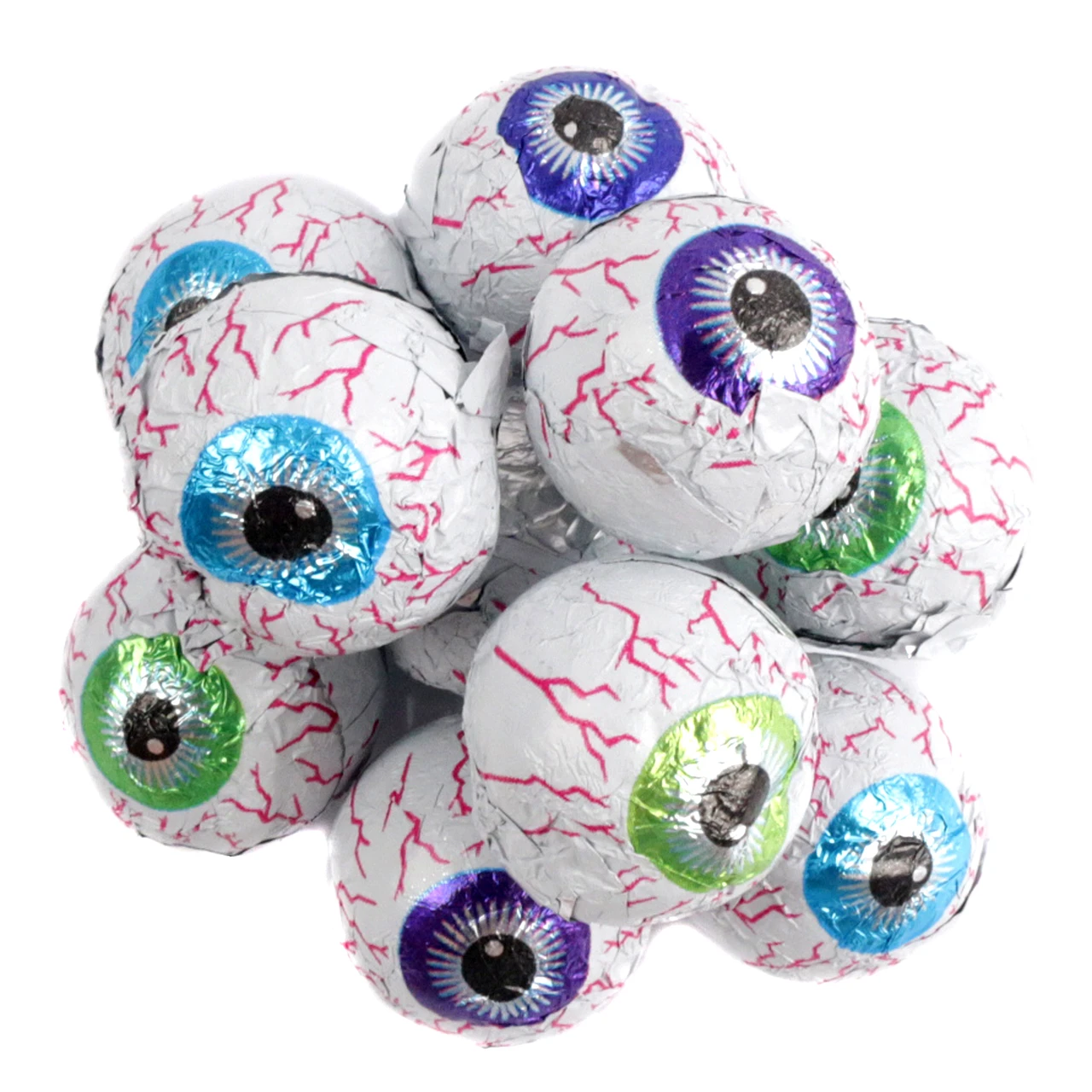 Palmer Halloween Googly Eyes chocolatey crisp balls, assorted colors, individually foil wrapped, bulk 100 per pound.