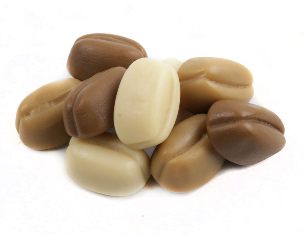 Brown coffee bean shaped gummies, soft, chewy, rich coffee flavor by Gerrit Verburg.