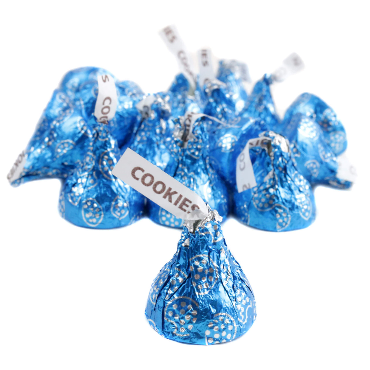 Hershey Kisses Cookies & Cream, white creme, bright blue foil wrapped, cookies, approx 100 per pound.