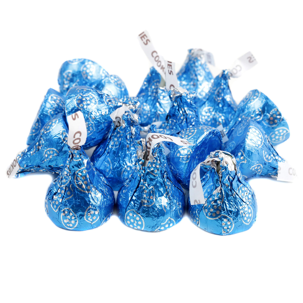 Hershey Kisses Cookies & Cream, sweet white creme, crunchy chocolate pieces, bright blue wrapped, 100 pcs/lb for blue candy buffets.