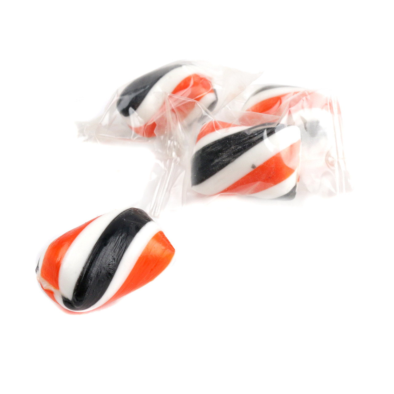 Halloween orange and black hard candy twists, individually wrapped, citrusy orange flavor, approx 93 pieces per pound.