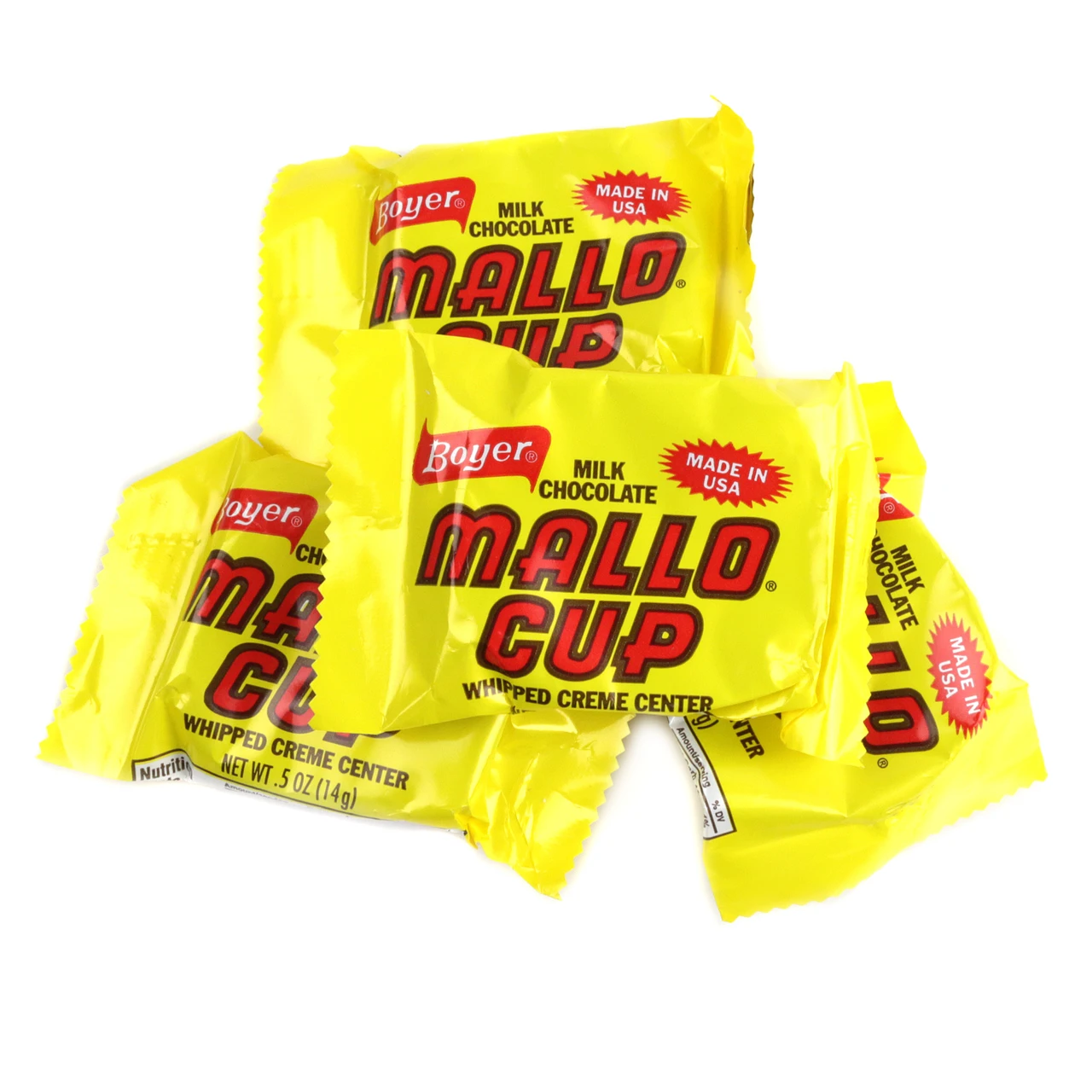 Boyer Mallo Cups, milk chocolate with creamy marshmallow & coconut filling. Approx 30 per pound, classic USA candy.