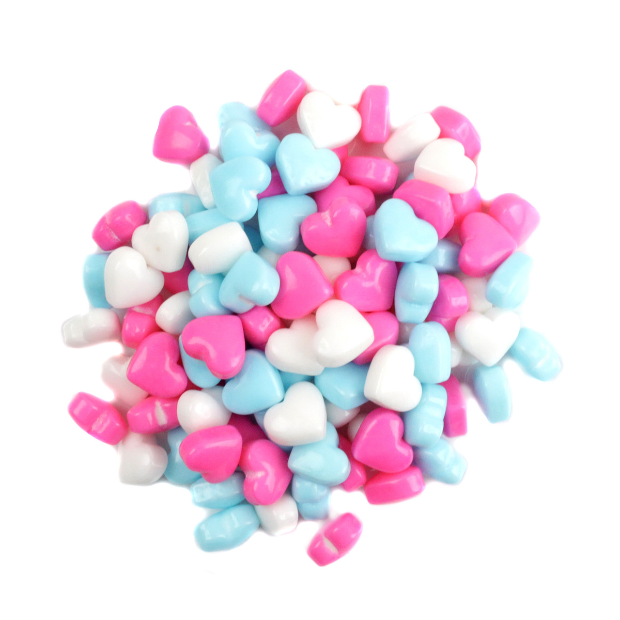 Vibrant baby blue, pink, white candy hearts, approx 800 per pound. Bulk sweet hearts for baby shower buffets, favors.