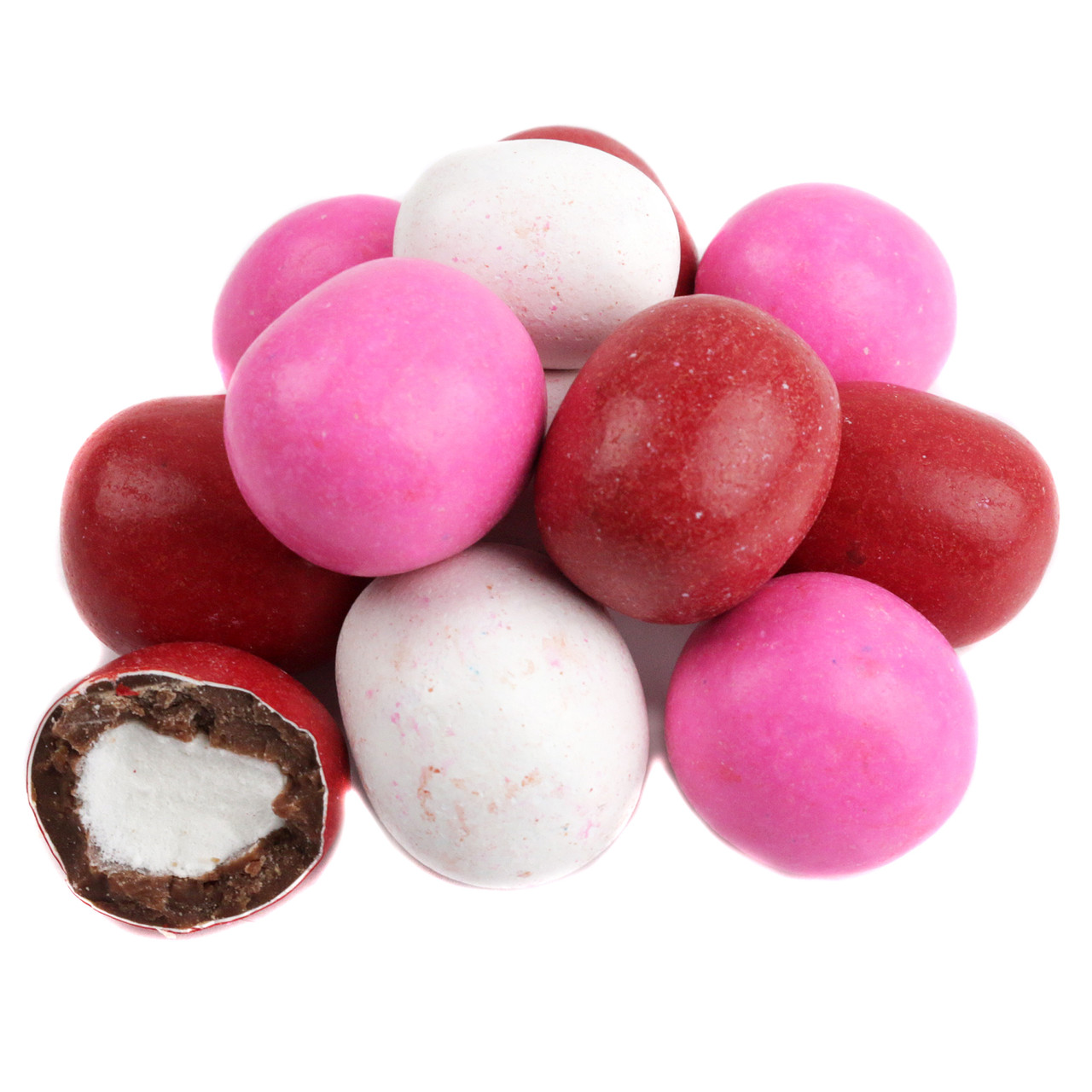 Valentine chocolate covered marshmallows, smooth milk chocolate, pink, red, white candy shell, soft center.
