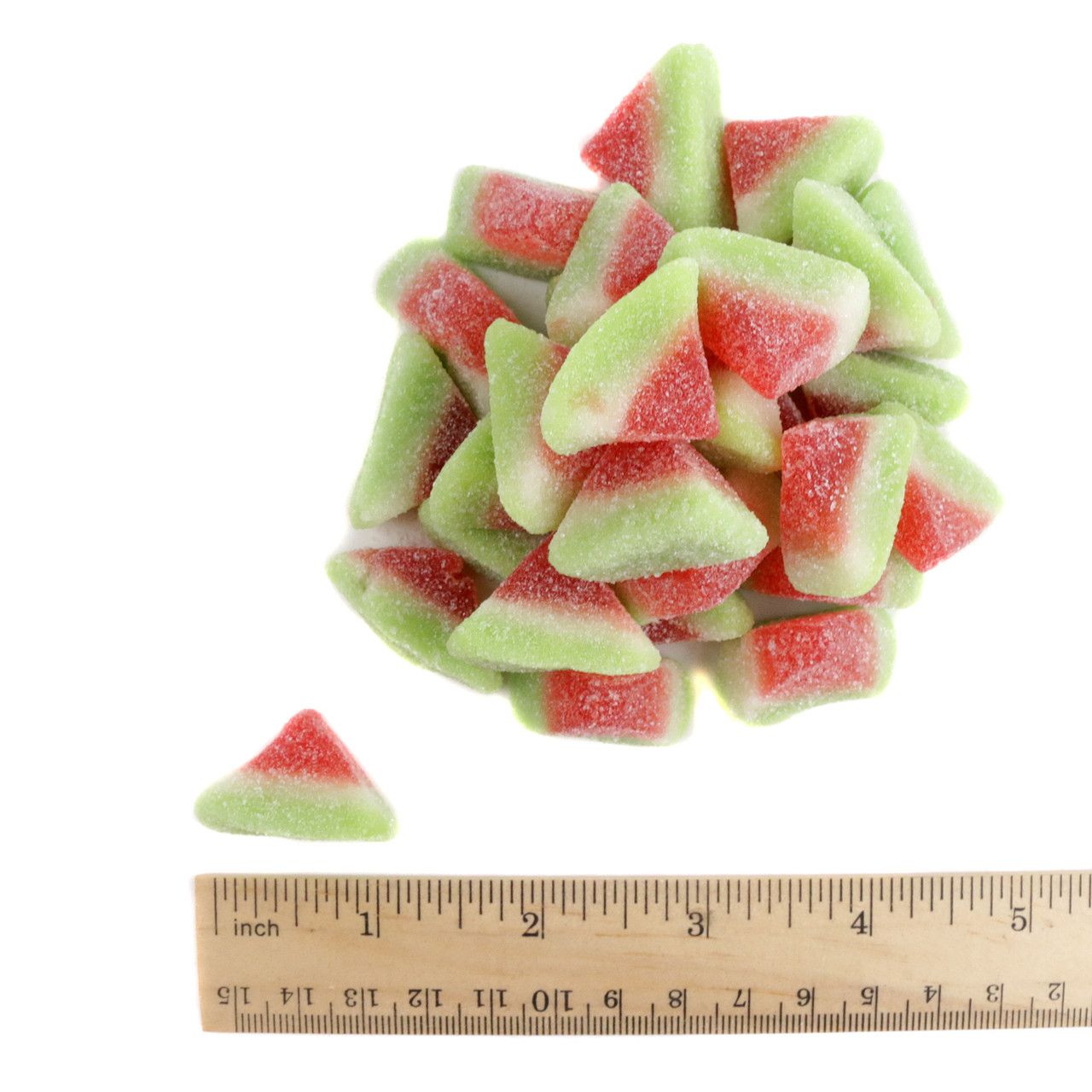 Juicy gummy watermelon candy slices with green rind, seedless, approx 75 pieces per lb.