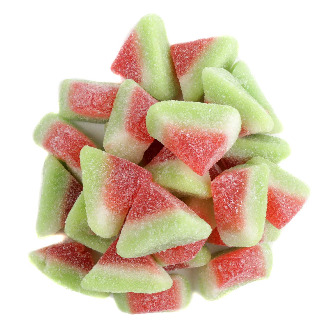 Sweet gummy watermelon candy slices, green rinds, mini juicy pieces, approximately 75 per pound.