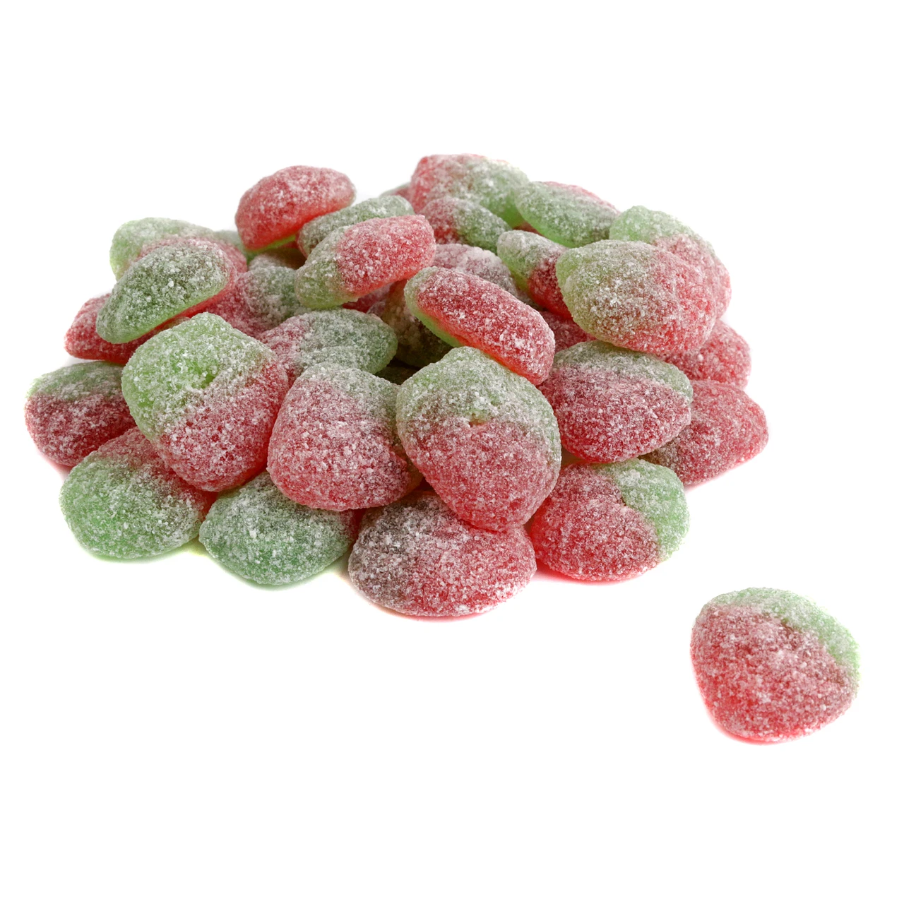Vibrant red Sour Patch Kids Strawberry candies, soft chewy texture, approx 130 pieces per pound, delicious 'not so sour' flavor.