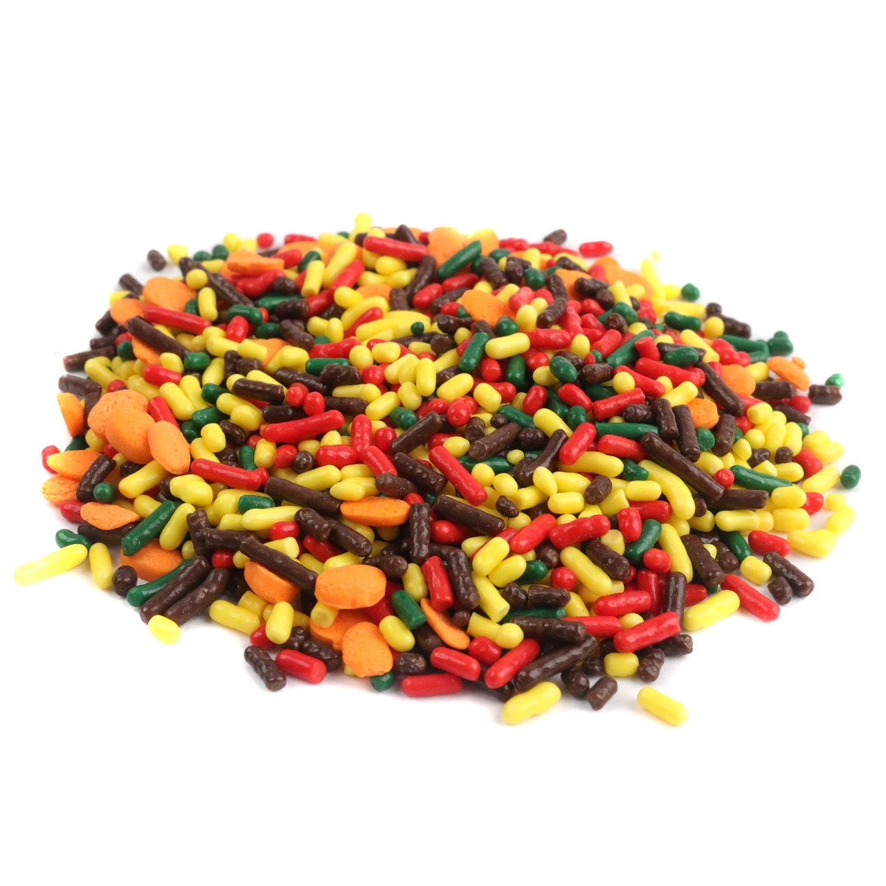 Fall Sprinkles, festive mixture with orange, red, brown, yellow, green, and mini pumpkin shapes. USA-made baking sprinkles.