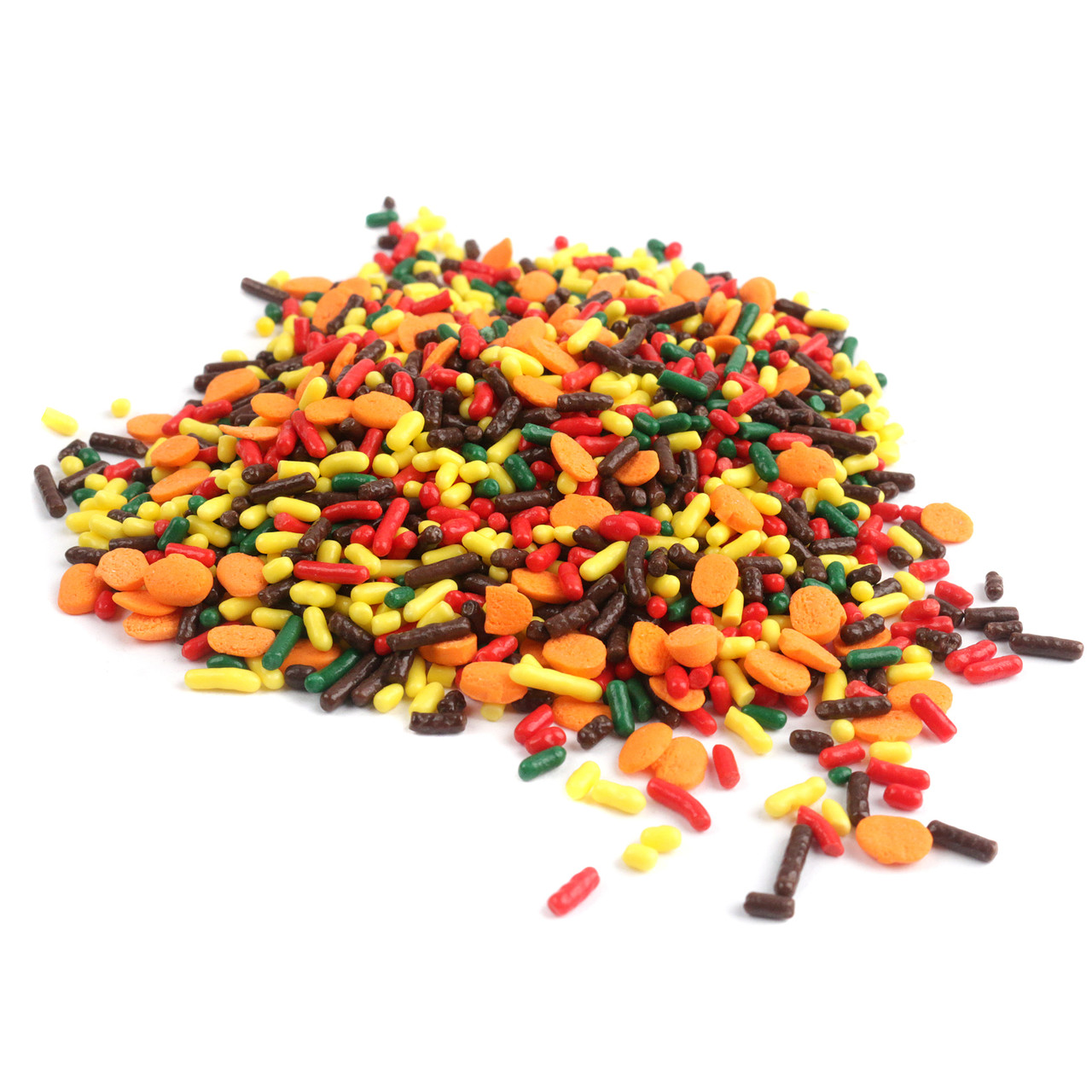 Fall Sprinkles, orange, red, brown, yellow, green, mini pumpkin shapes for Halloween & Thanksgiving baking.