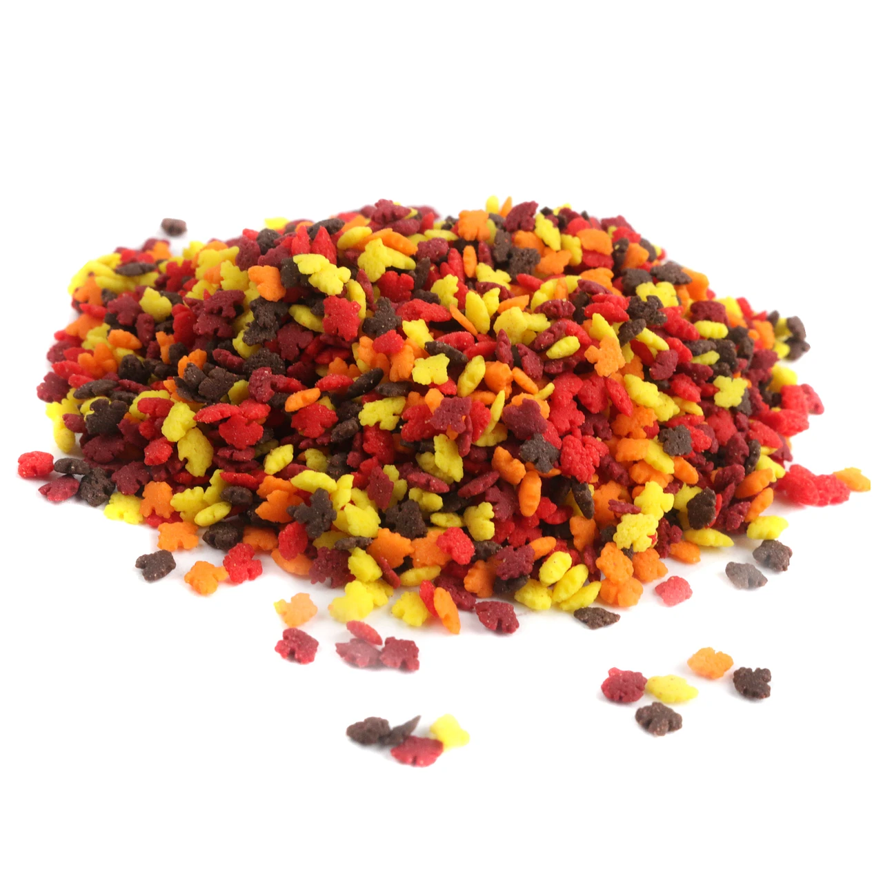 Mini Fall Leaves Sprinkles, vibrant red, orange, yellow assortment for cakes, cupcakes, and cookies.