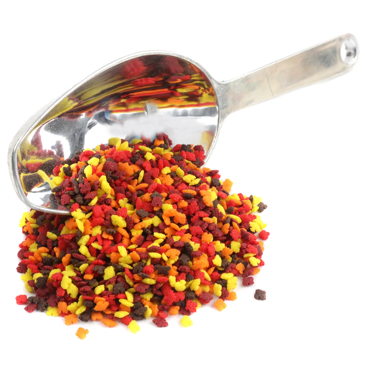 Mini Fall Leaves Sprinkles, vibrant assortment of orange, red, yellow, brown leaf shapes for autumn desserts.