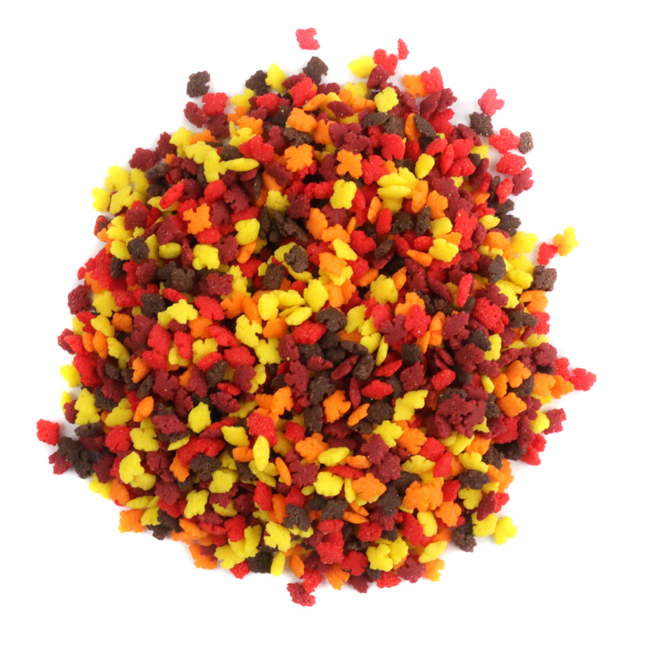 Vibrant red, orange, yellow, brown mini fall leaves sprinkles for baking desserts.