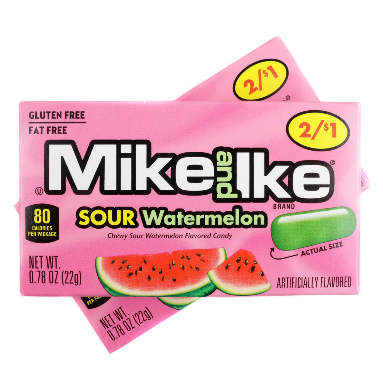 Mike and Ike Sour Watermelon candy, 24 small boxes. Chewy green and red sour watermelon flavored candy.