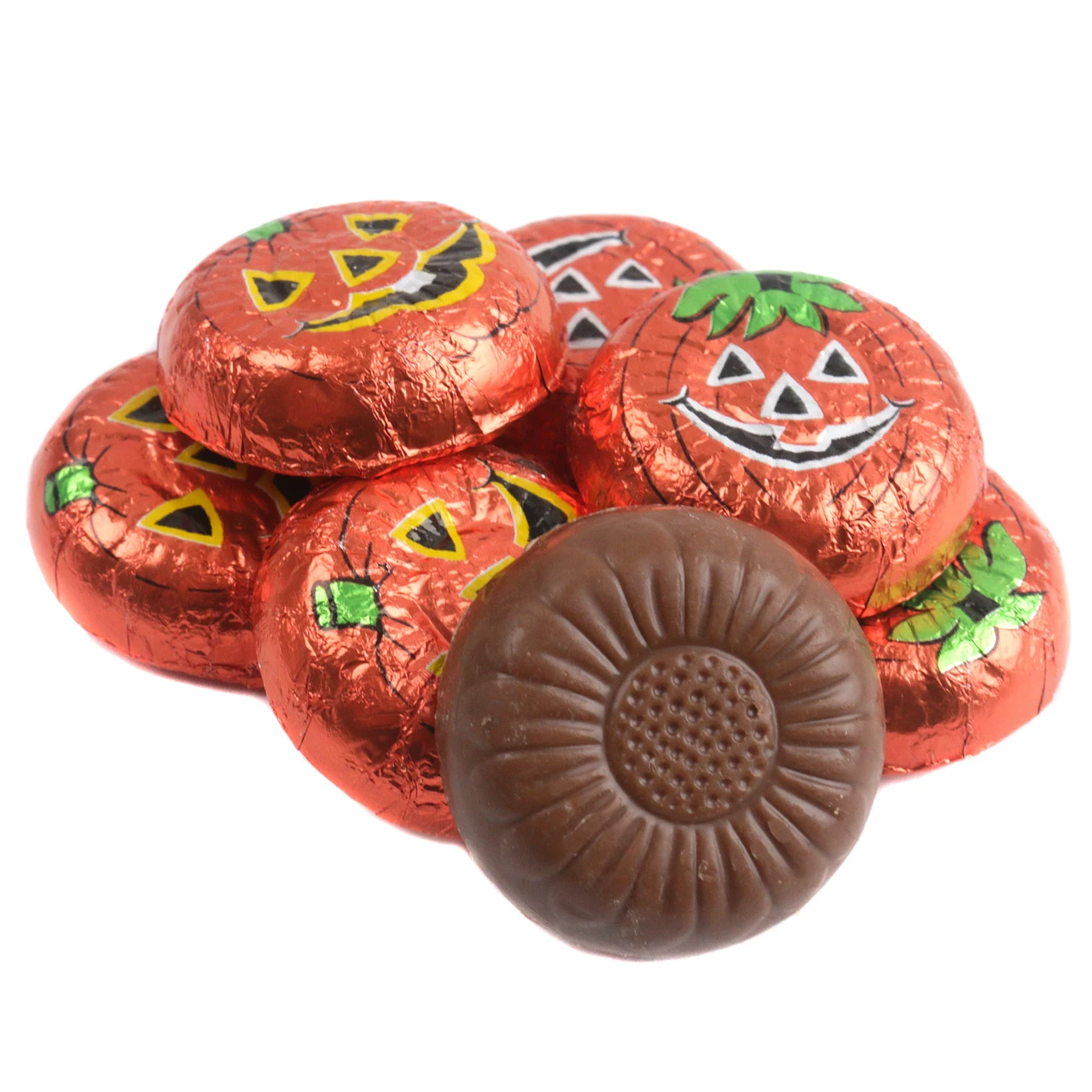 Madelaine Milk Chocolate Pumpkin Wafers, 62 orange jack-o-lantern foil-wrapped, bite-sized Halloween candy.