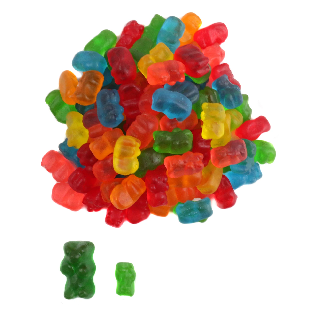 Vibrant rainbow mini gummy bears, approximately 500 pieces per pound. Bite-sized, chewy, fruity candy.